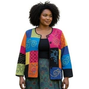 Vintage Indigo Moon Patchwork Floral Embroidered Womens size 1X Festival Jacket‎